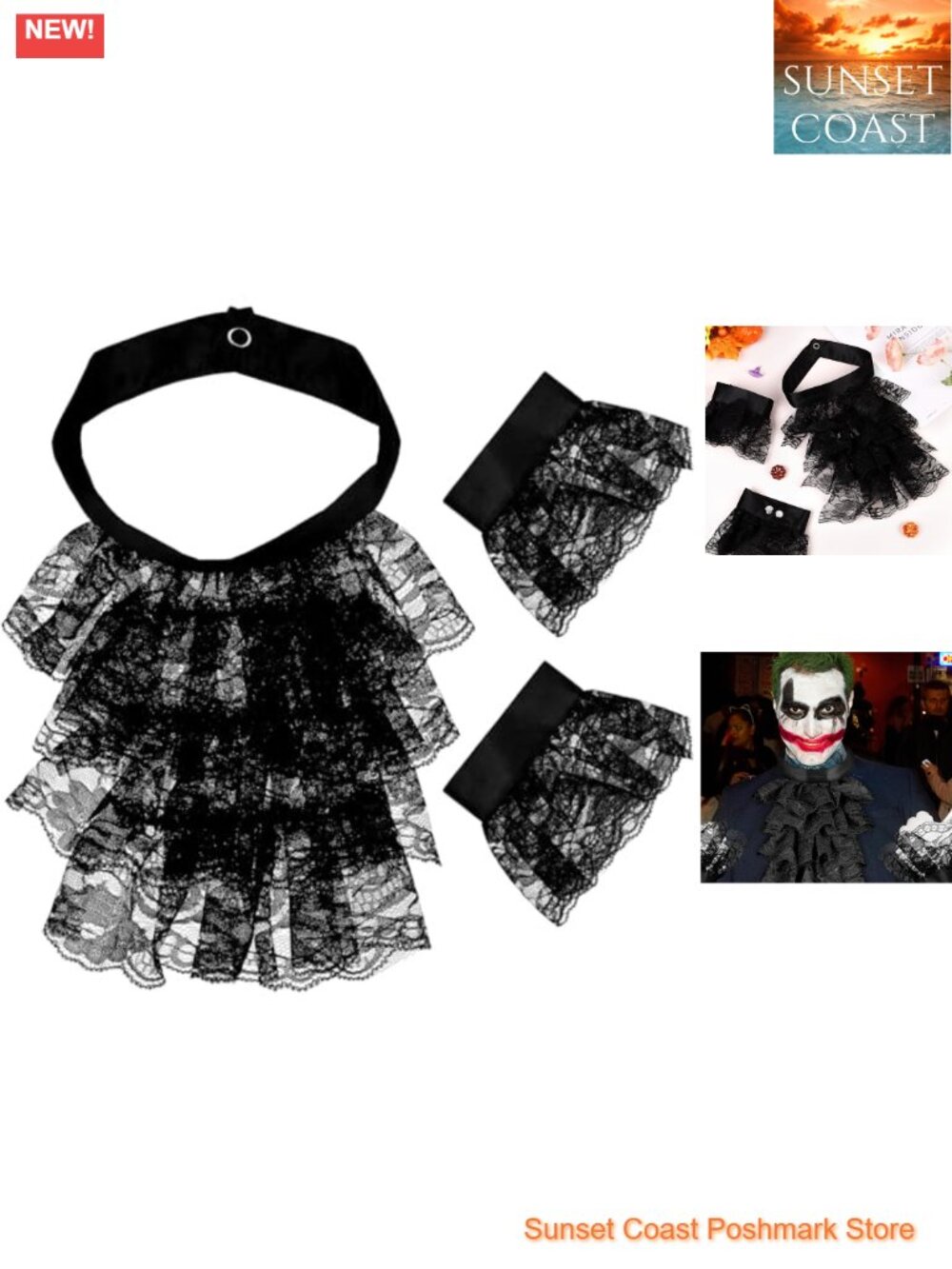 Victorian Lace Jabot Neck Ruff Collar & Cuffs Set 4-Layer Colonial Cosplay